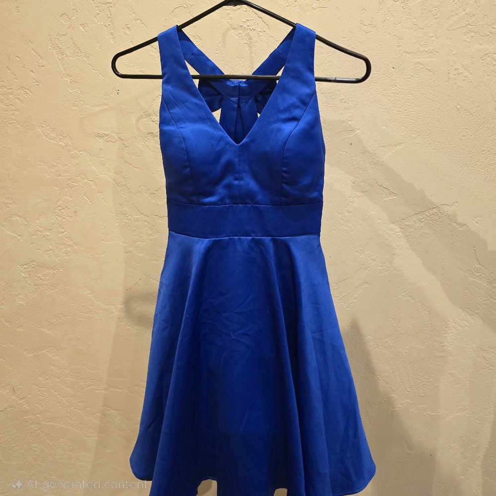 Formal Satin Empire Waist A-line Halter w/Pockets, Short Dress, Blue, XS/0